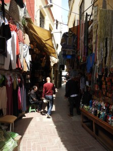Streets full of shops in the old town of Tangier, Morocco