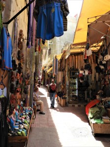Streets full of shops in the old town of Tangier, Morocco
